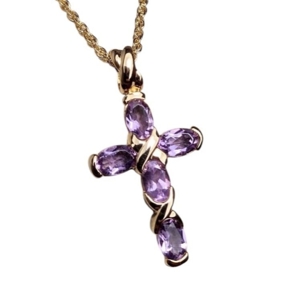 Genuine Amethyst Cross Necklace Vintage Love and Kisses Pendant 18" NEW